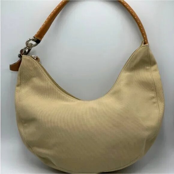 BCBGMAXAZRIA Canvas Bohemian Hobo Tan Bag with Leather Strap - Picture 2 of 12